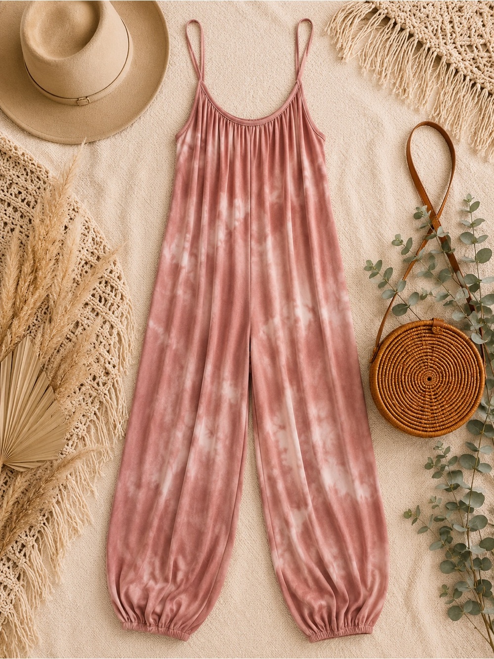Casual Tie-Dye Jumpsuit in Dusty Rose
